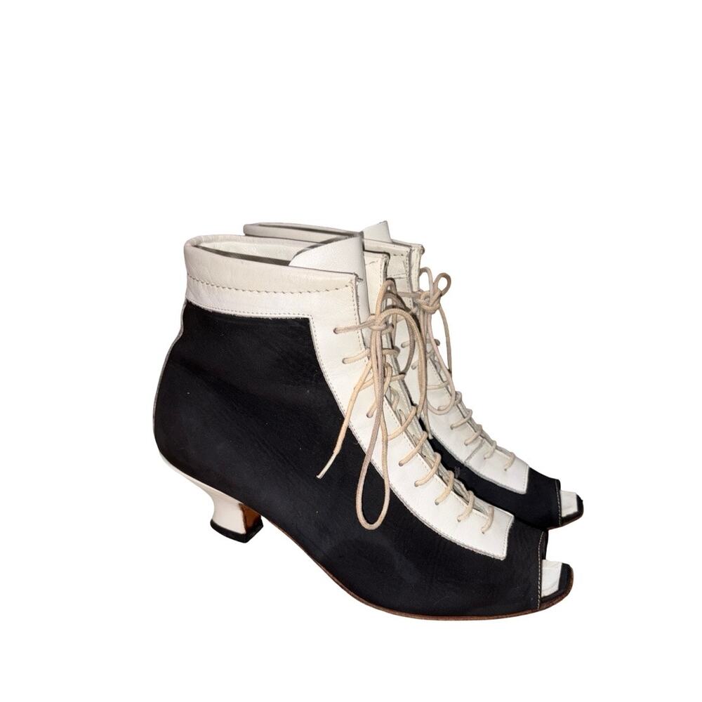 Vintage Free Lance Design by GYR Black White Lace Up Peep Toe Boots  Size: 37/ 7
